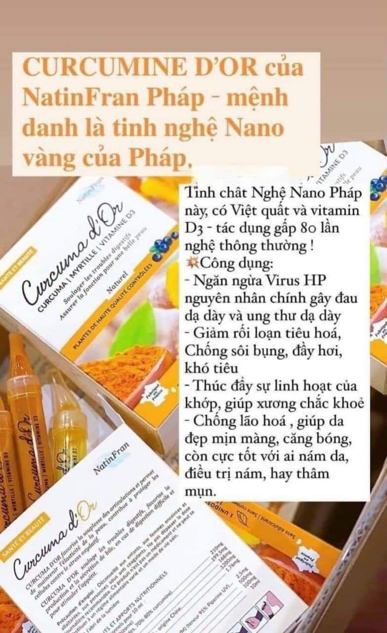 Thực phẩm chức năng Tinh nghệ nano Curcuma d’Or NatinFran của Pháp hộp 10 ống